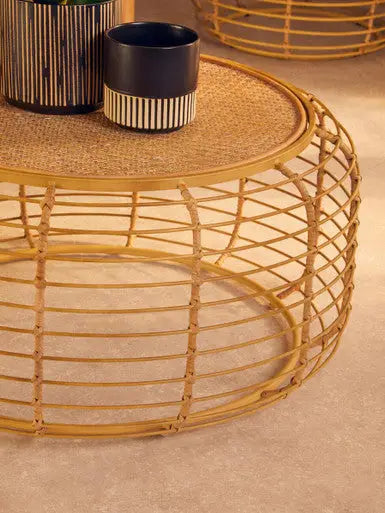 Natural Round Hand Woven Rattan Top Coffee Table with Gold Finish Cage Base, Trento