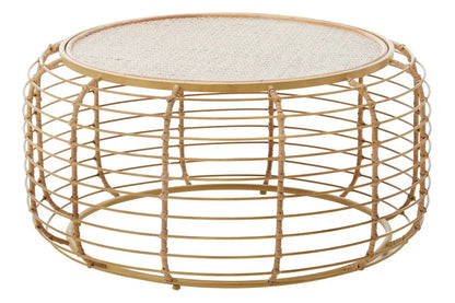 Natural Round Hand Woven Rattan Top Coffee Table with Gold Finish Cage Base, Trento