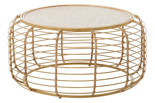 Natural Round Hand Woven Rattan Top Coffee Table with Gold Finish Cage Base, Trento