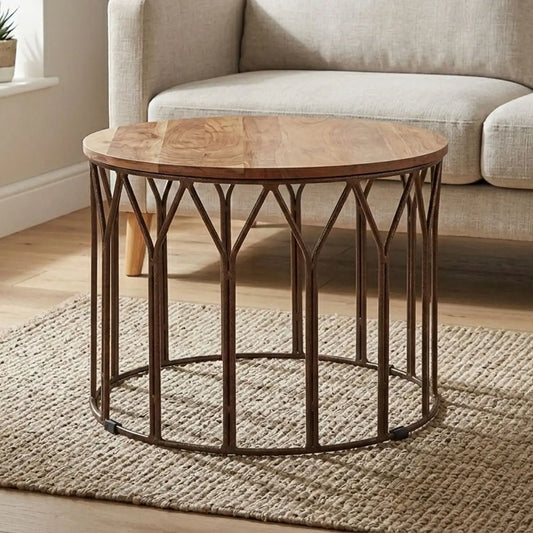 Natural Solid Acacia Wood Round Coffee Table with Dark Geometric Lattice Metal Frame | Boho