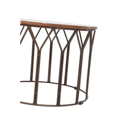 Natural Solid Acacia Wood Round Coffee Table with Dark Geometric Lattice Metal Frame, Boho