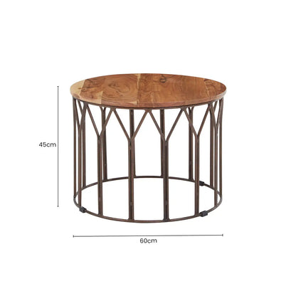 Natural Solid Acacia Wood Round Coffee Table with Dark Geometric Lattice Metal Frame, Boho