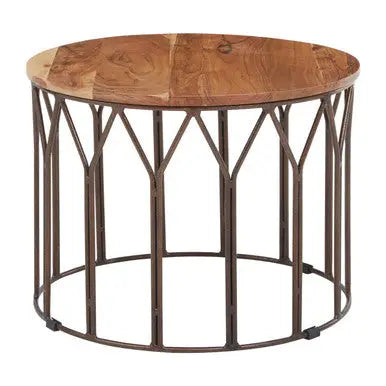 Natural Solid Acacia Wood Round Coffee Table with Dark Geometric Lattice Metal Frame, Boho