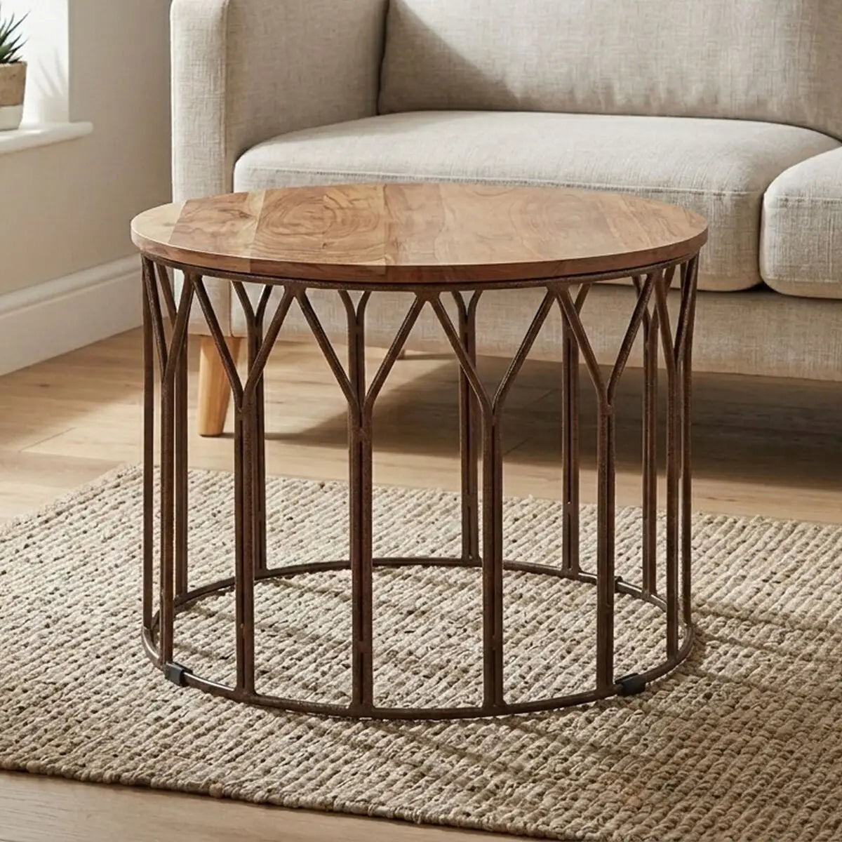 Natural Solid Acacia Wood Round Coffee Table with Dark Geometric Lattice Metal Frame | Boho