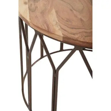 Natural Solid Acacia Wood Round Coffee Table with Dark Geometric Lattice Metal Frame, Boho