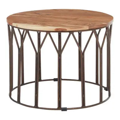 Natural Solid Acacia Wood Round Coffee Table with Dark Geometric Lattice Metal Frame, Boho