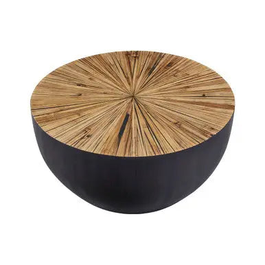 Natural Starburst Patterned Wood Top Round Ebony Small Console Table with Grey Bamboo Base, Gabo
