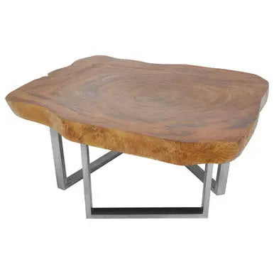 Natural Teak Wood Coffee Table with Silver Steel Frame, Surak