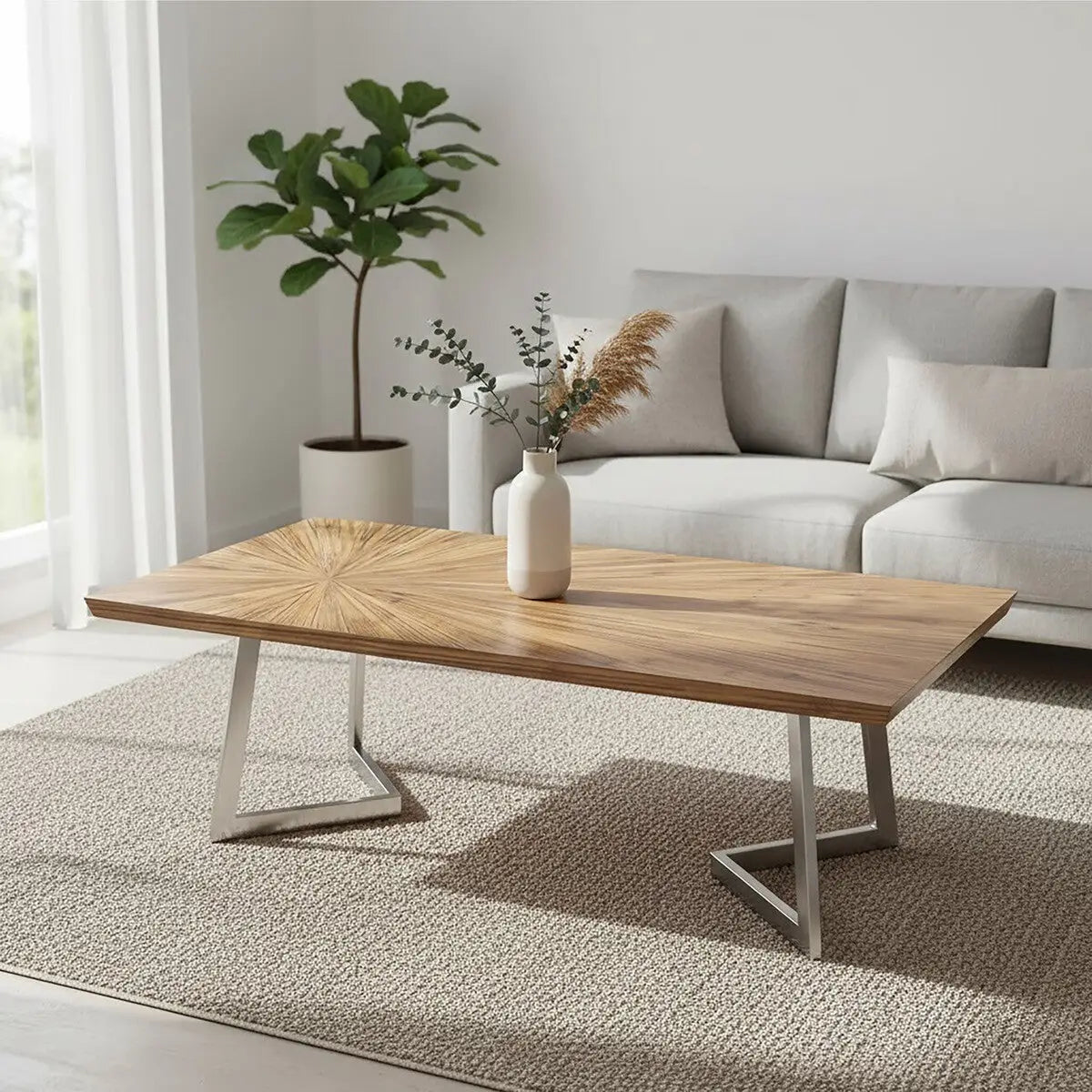 Natural Textured Bamboo Top Coffee Table with Silver Stainless Steel Frame, Gabar
