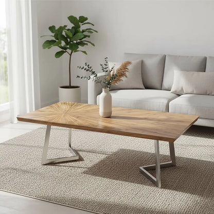 Natural Textured Bamboo Top Coffee Table with Silver Stainless Steel Frame, Gabar