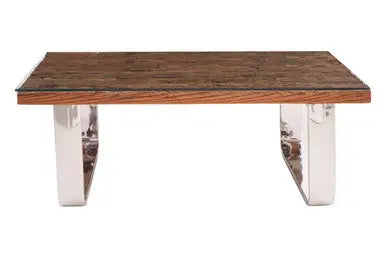 Natural Wood and Clear Glass Top Coffee Table with Silver U-Shaped Metal Legs, Kerala