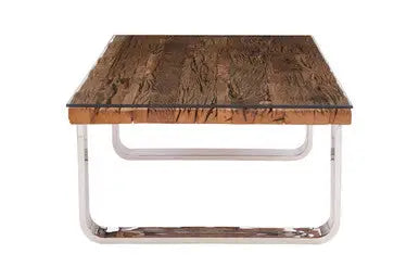 Natural Wood and Clear Glass Top Coffee Table with Silver U-Shaped Metal Legs, Kerala