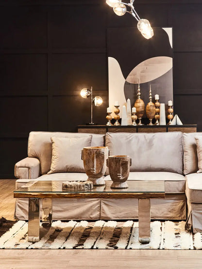 Natural Wood and Clear Glass Top Coffee Table with Silver U-Shaped Metal Legs, Kerala