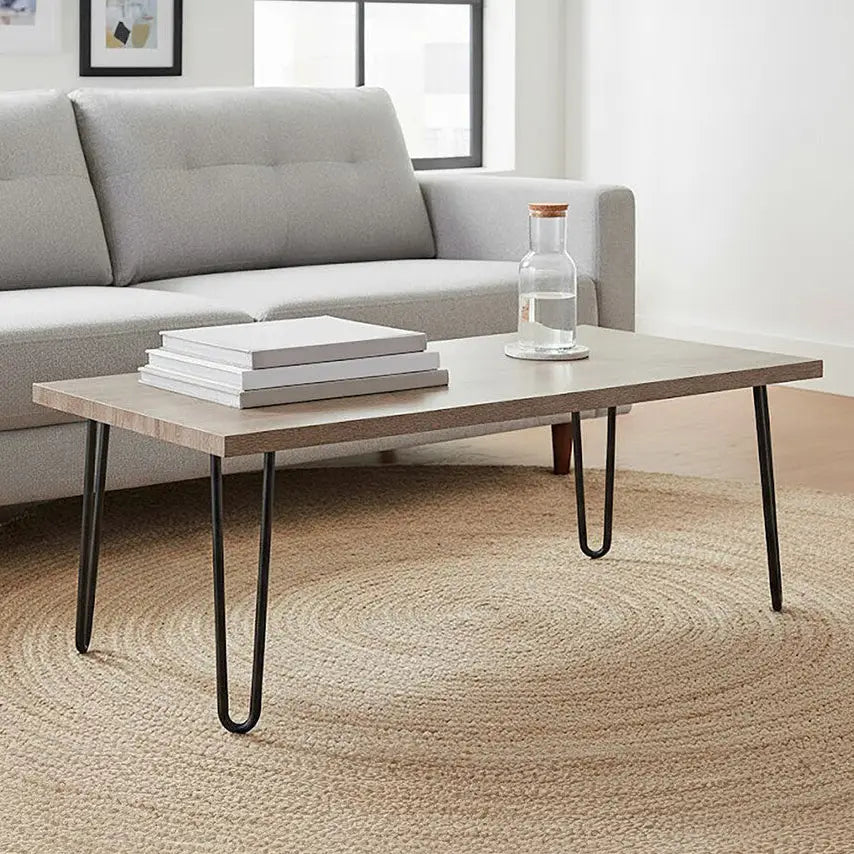 Natural Wood Effect Veneer Coffee Table with Black Metal Hairpin Legs, Borough