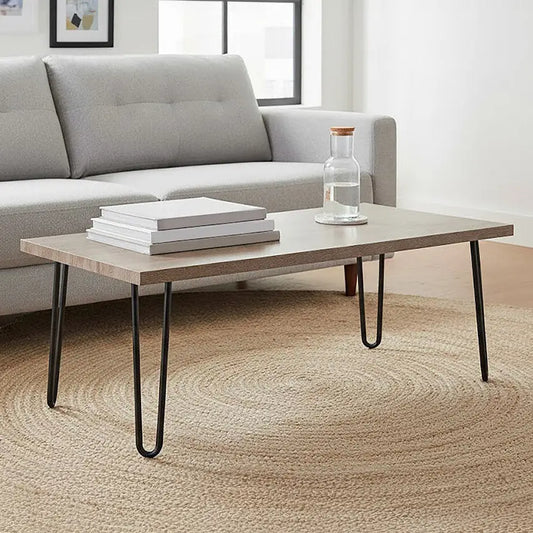 Natural Wood Effect Veneer Coffee Table with Black Metal Hairpin Legs, Borough