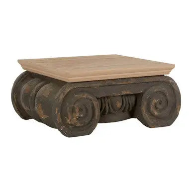 Natural Wood Top Coffee Table with Distressed Charcoal Grey Ornate Base, Pompeii