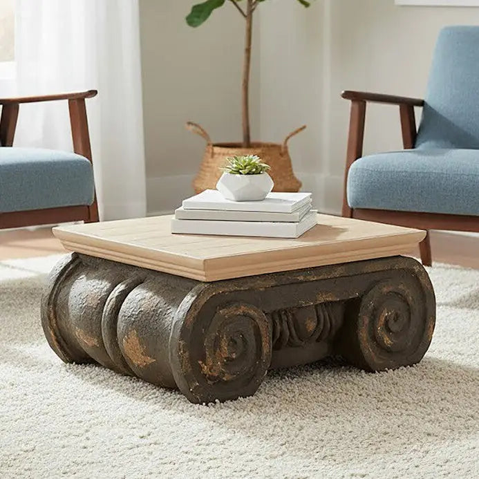Natural Wood Top Coffee Table with Distressed Charcoal Grey Ornate Base, Pompeii