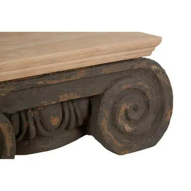 Natural Wood Top Coffee Table with Distressed Charcoal Grey Ornate Base, Pompeii