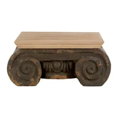 Natural Wood Top Coffee Table with Distressed Charcoal Grey Ornate Base, Pompeii