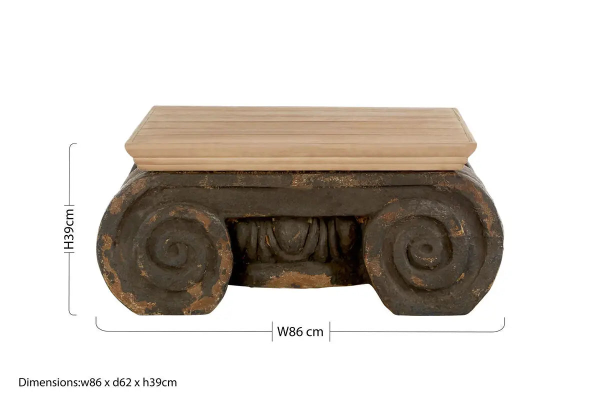 Natural Wood Top Coffee Table with Distressed Charcoal Grey Ornate Base, Pompeii