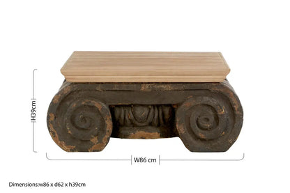 Natural Wood Top Coffee Table with Distressed Charcoal Grey Ornate Base, Pompeii