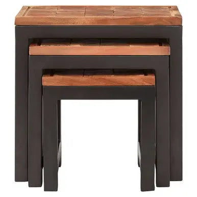 Natural Wood Top Nesting Tables Set of 3 with Black Metal Legs, Artisan