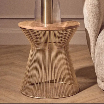 Natural Wood Top Small Coffee Table with Gold Open Wire Hourglass Design Base, Templar