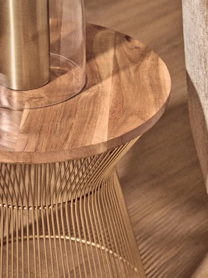 Natural Wood Top Small Coffee Table with Gold Open Wire Hourglass Design Base, Templar