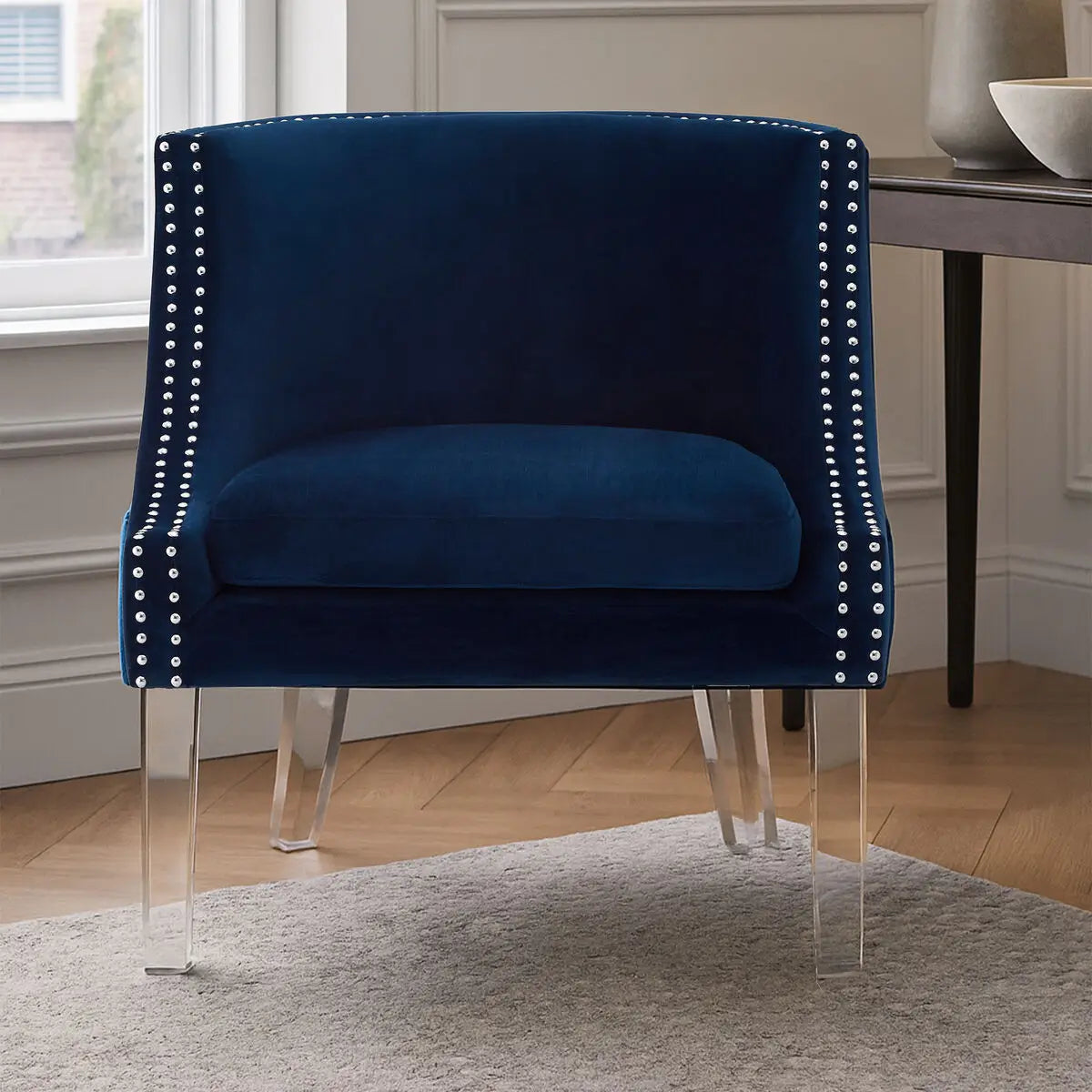 Navy Blue Velvet Chair with Acrylic Legs | Clarence