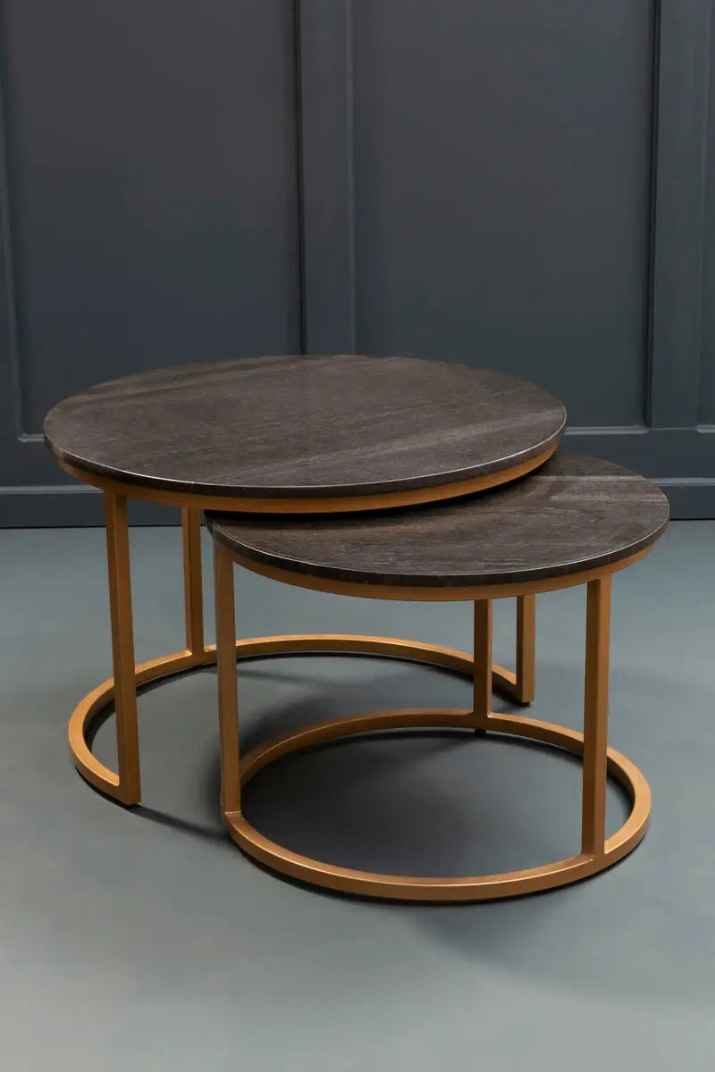 Nest of 2 Black Round Marble Top Tables with Gold Finish Metal Frames, Varana