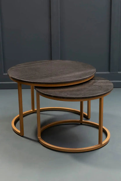 Nest of 2 Black Round Marble Top Tables with Gold Finish Metal Frames, Varana