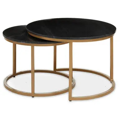 Nest of 2 Black Round Marble Top Tables with Gold Finish Metal Frames, Varana