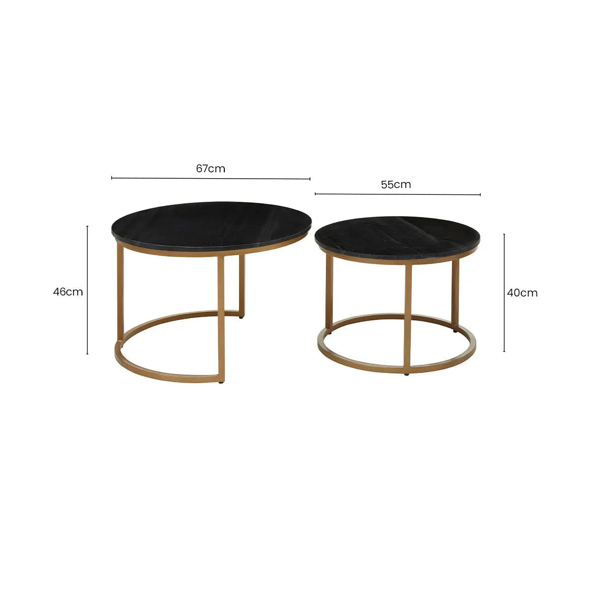 Nest of 2 Black Round Marble Top Tables with Gold Finish Metal Frames, Varana
