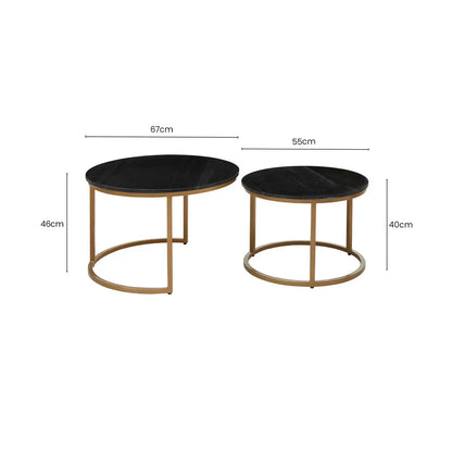 Nest of 2 Black Round Marble Top Tables with Gold Finish Metal Frames, Varana