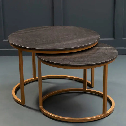 Nest of 2 Black Round Marble Top Tables with Gold Finish Metal Frames | Varana