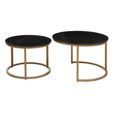 Nest of 2 Black Round Marble Top Tables with Gold Finish Metal Frames, Varana