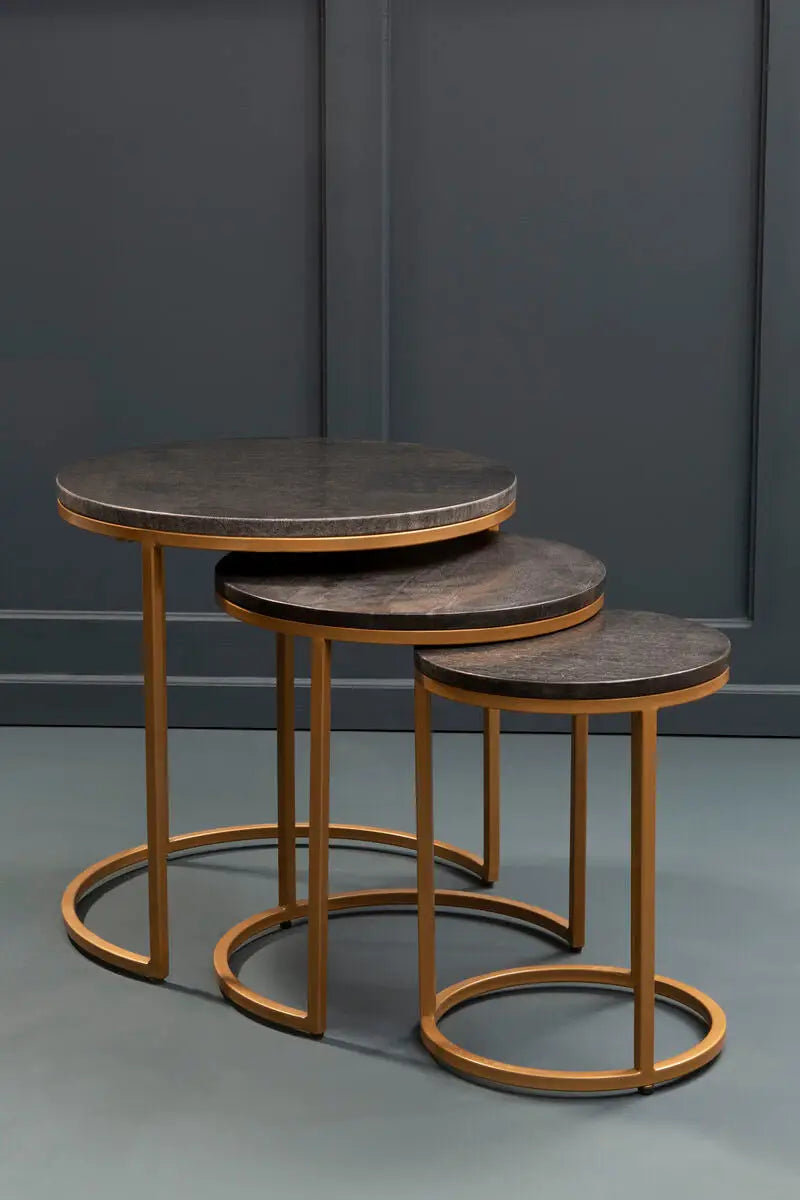 Nest of 3 Black Marble Round Top Nesting Tables with Matte Gold Metal Base, Varana
