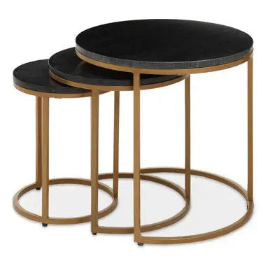Nest of 3 Black Marble Round Top Nesting Tables with Matte Gold Metal Base | Varana