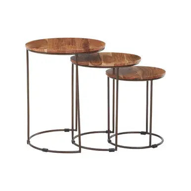 Nest of 3 Natural Mango Wood Side Tables with Brown Iron Legs, Boho