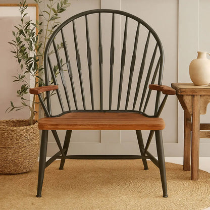 New Foundry Walnut Wood and Metal Armchair with Spindle Back