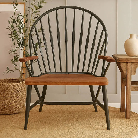 New Foundry Walnut Wood and Metal Armchair with Spindle Back