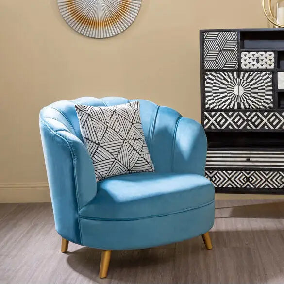 Orlina Blue Velvet Scalloped Curved Chair With Gold Wood Legs