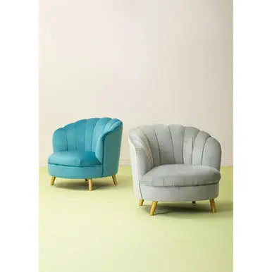 Orlina Grey Velvet Scalloped Curved Chair With Gold Wood Legs