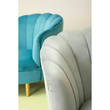 Orlina Grey Velvet Scalloped Curved Chair With Gold Wood Legs