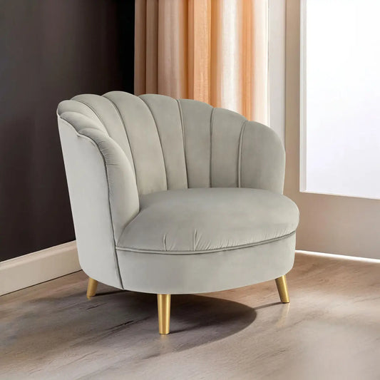 Orlina Grey Velvet Scalloped Curved Chair With Gold Wood Legs