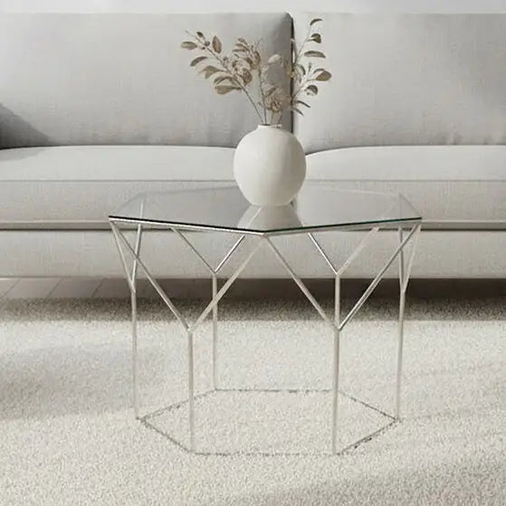 Pentagonal Silver Glass Top and Steel Base Coffee Table, Shalimar