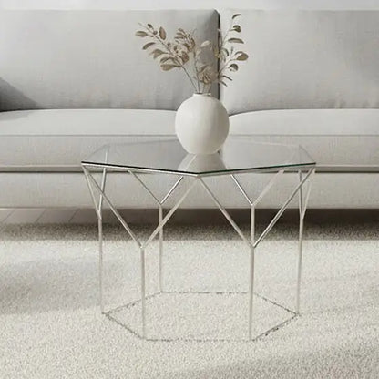 Pentagonal Silver Glass Top and Steel Base Coffee Table, Shalimar
