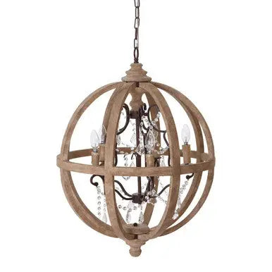 Pia 5 Arm Metal and Oak Wood Orb Chandelier