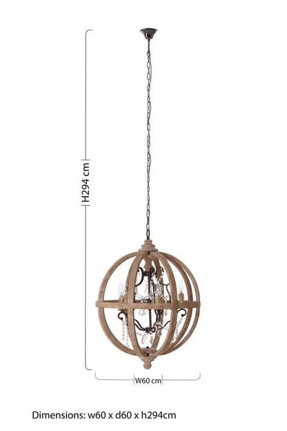 Pia 5 Arm Metal and Oak Wood Orb Chandelier