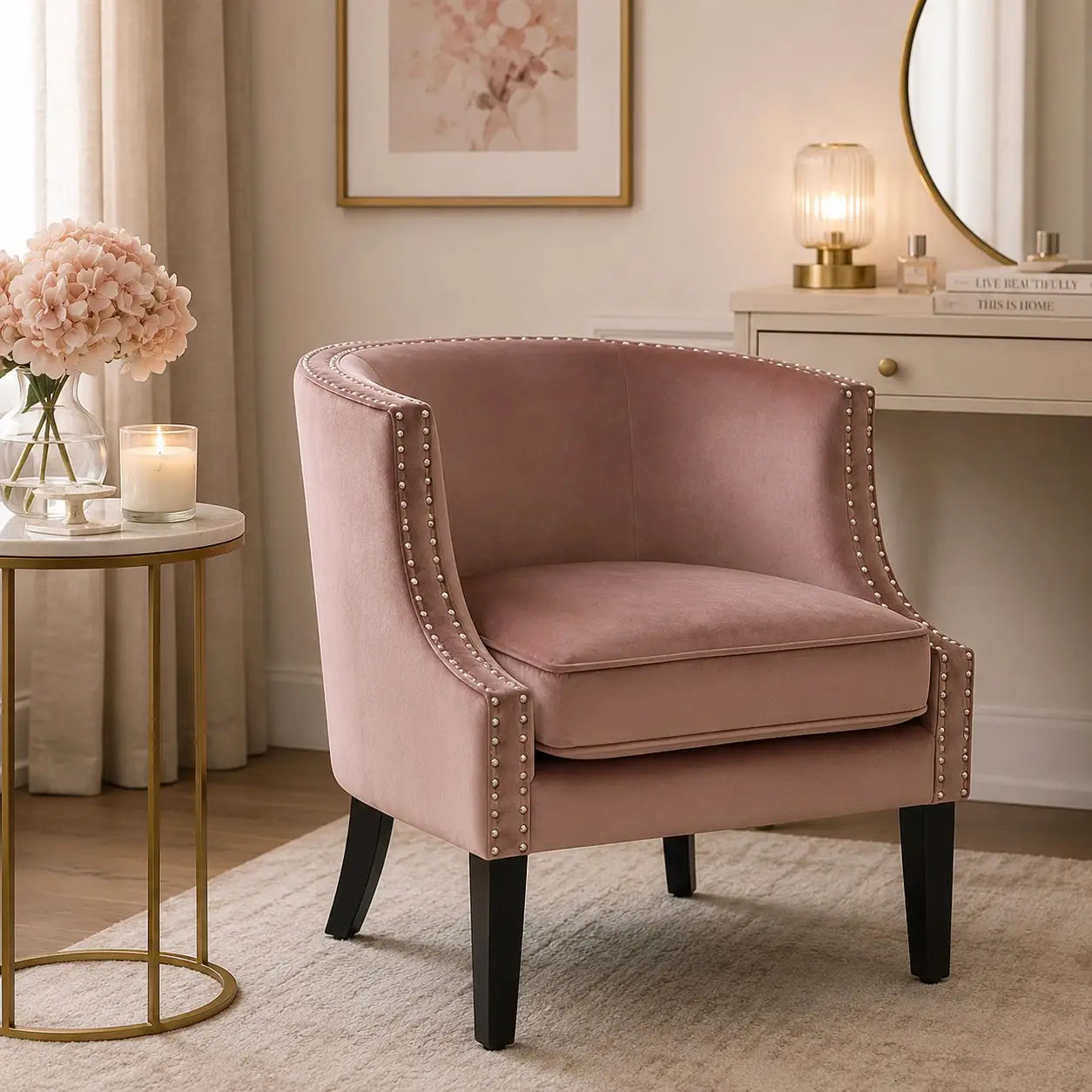 Pink Velvet Studded Accent Chair – Soft Glam Bedroom & Living Room Chair